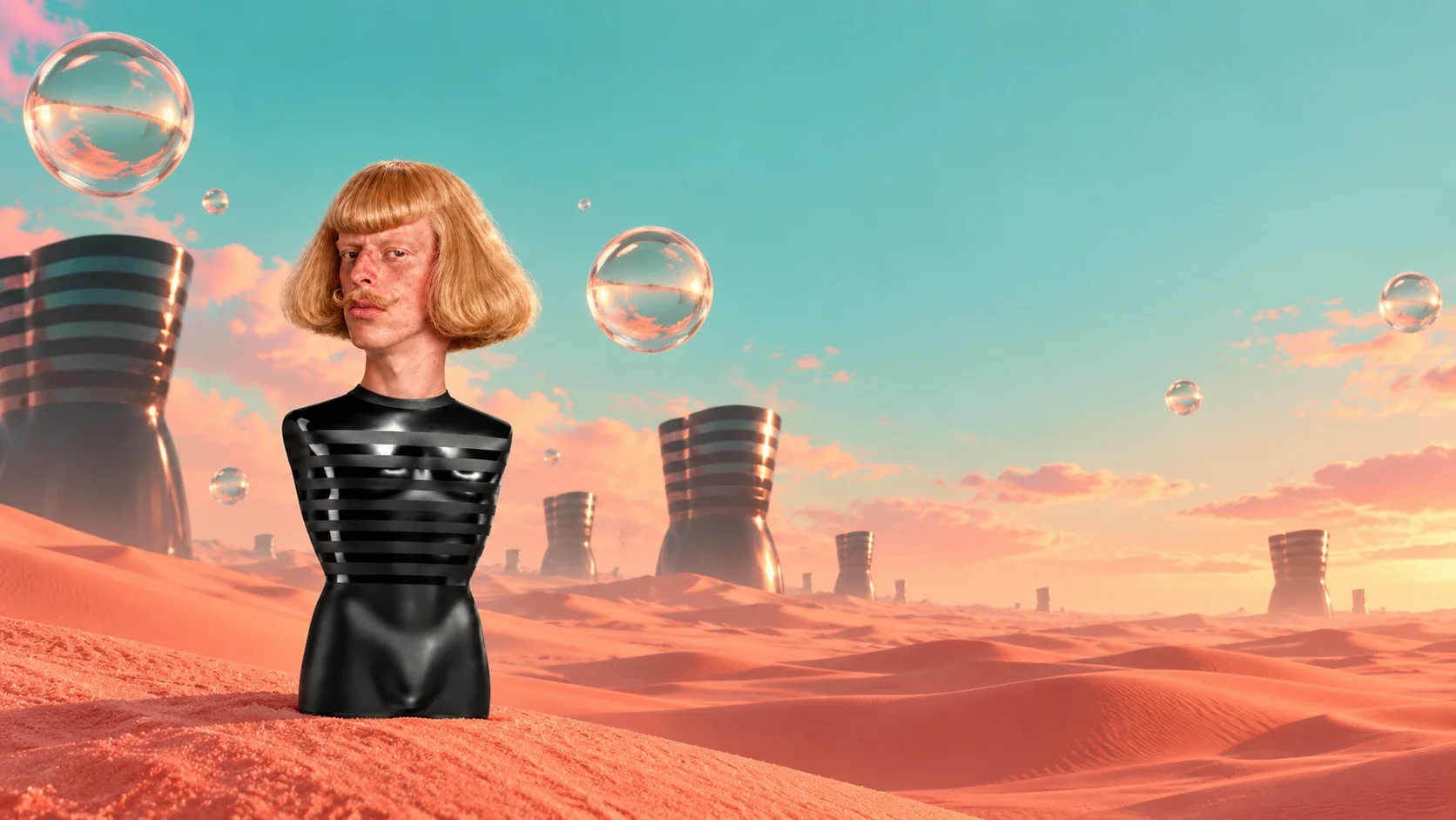 The bottle with his head half buried in pink desert dunes, glass bubbles floating past striped towers